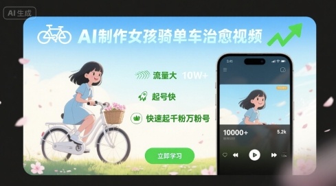 AI制作女孩骑单车治愈视频，流量大，起号快，快速起千粉万粉号-创薯资源