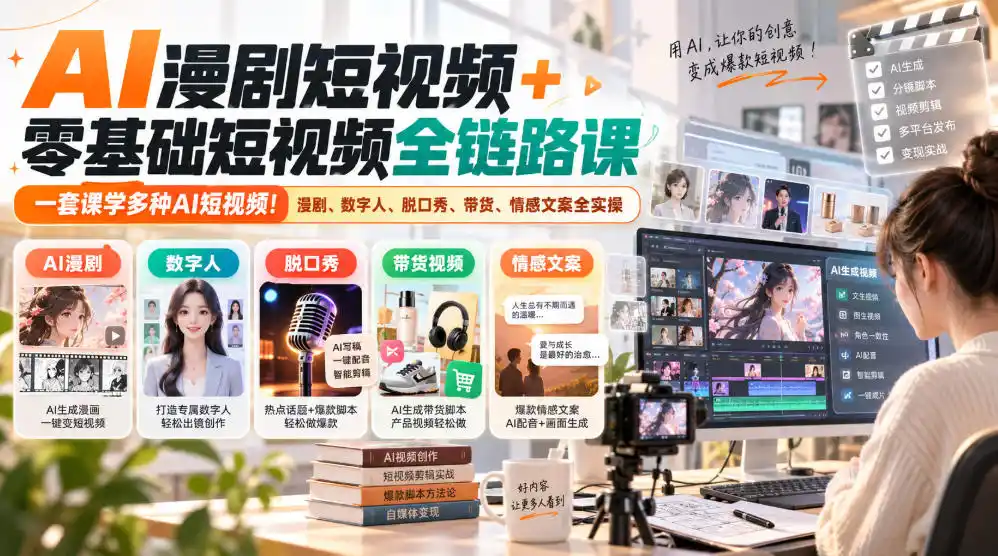 AI漫剧短视频+零基础短视频全链路课，一套课学多种AI短视频！漫剧、数字人、脱口秀、带货、情感文案全实操-创薯资源