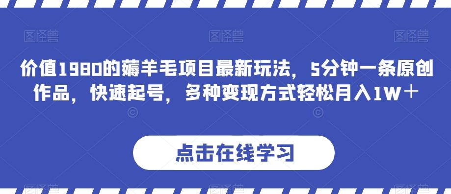 价值1980的薅羊毛项目最新玩法，5分钟一条原创作品，快速起号，多种变现方式轻松月入1W＋【揭秘】-创薯资源
