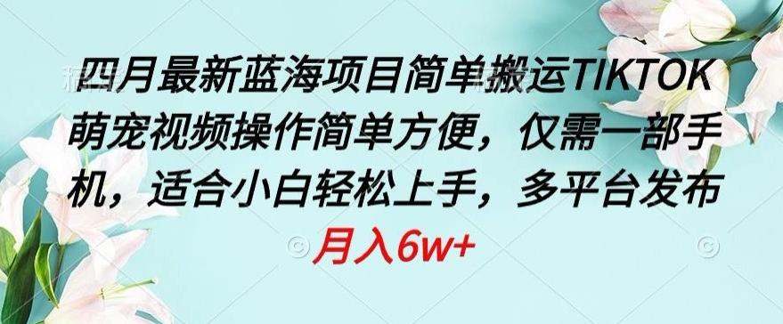 四月最新蓝海项目，简单搬运TIKTOK萌宠视频，操作简单方便，仅需一部手机【揭秘】-创薯资源