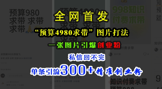 小红书“预算4980带我飞”图片打法，一张图片引爆创业粉，私信回不完，单条引流300+精准创业粉-创薯资源