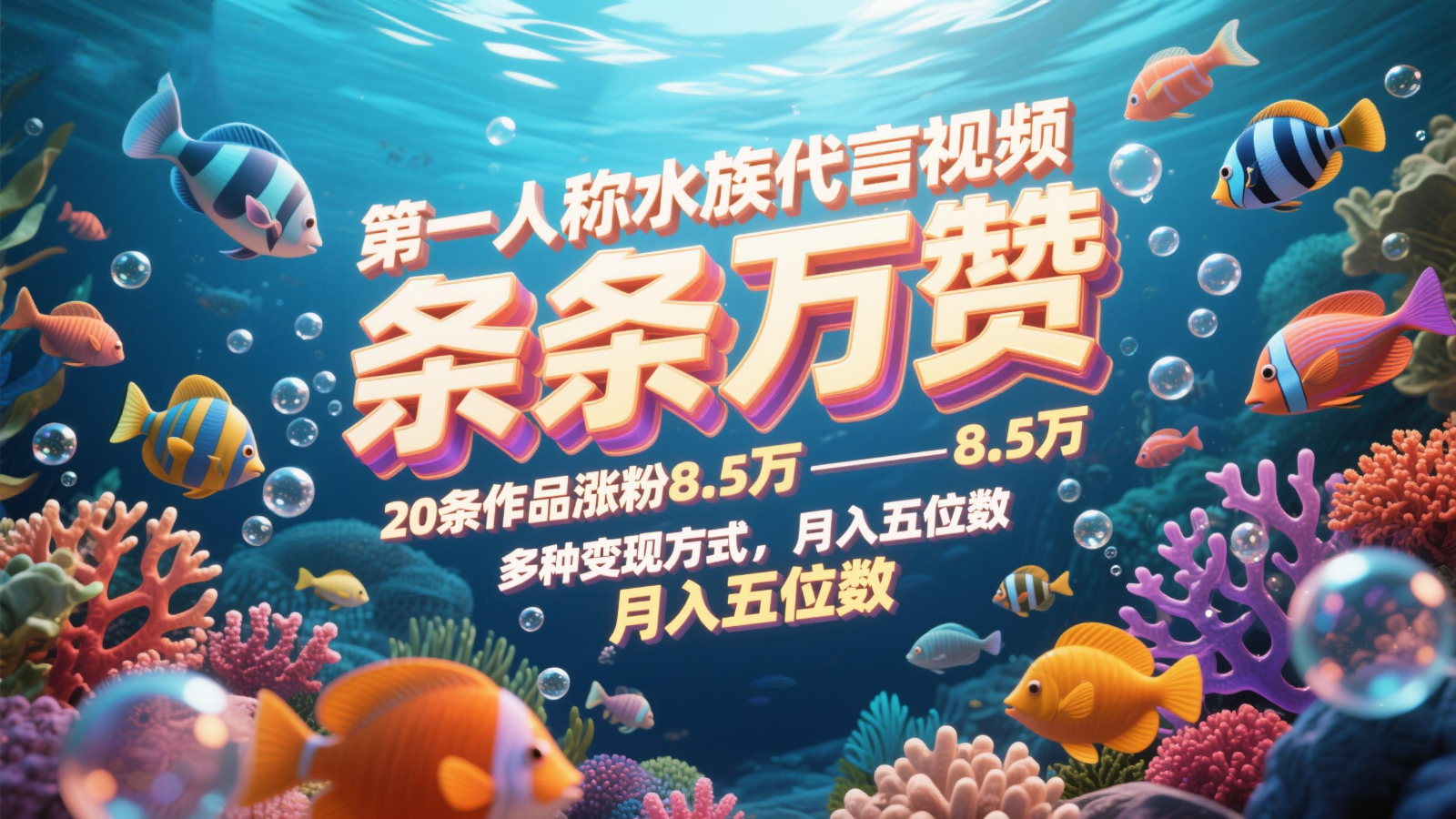 第一人称水族代言视频，条条万赞，20条作品涨粉8.5万，多种变现方式月，入五位数-创薯资源