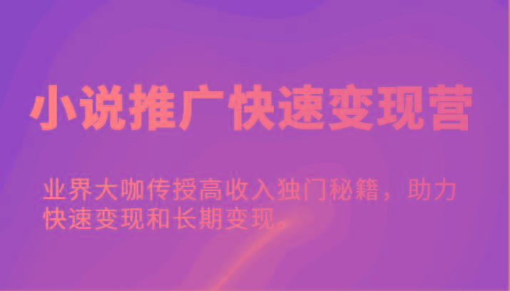 小说推广快速变现营-业界大咖传授高收入独门秘籍，助力快速变现和长期变现。-创薯资源