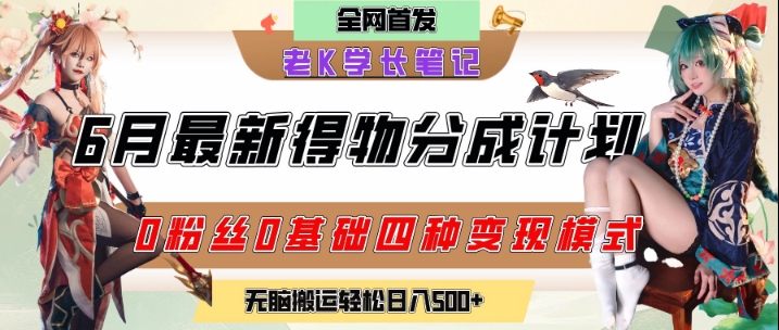 6月份最新得物创作者分成计划2.0玩法，0粉丝0基础四种模式变现，从隐蔽渠道无脑搬运，日入2张-创薯资源