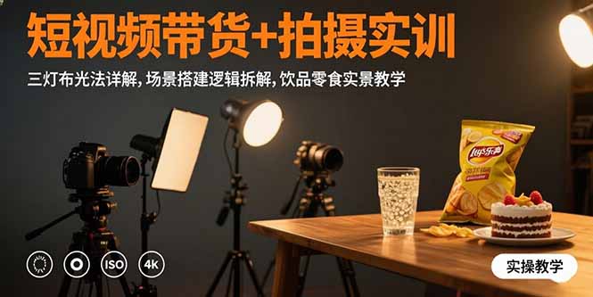 短视频带货+拍摄实训：三灯布光法详解,场景搭建逻辑拆解,饮品零食实景教学-创薯资源