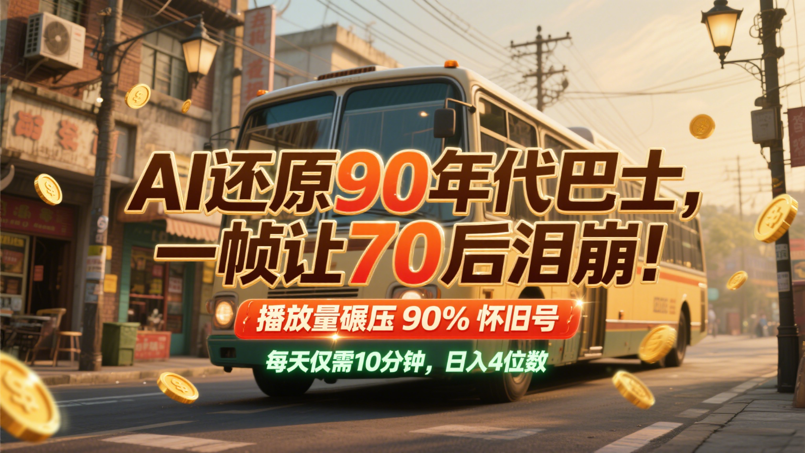 AI还原90年代巴士，一帧让70后泪崩！播放量碾压90%怀旧号，每天10分钟，日入4位数-创薯资源