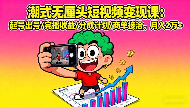 潮式无厘头短视频变现课:起号出号/完播收益/分成计划/商单接洽,月入2万+-创薯资源
