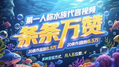 第一人称水族代言视频，条条万赞，20条作品涨粉7.8W，多种变现方式月入五位数-创薯资源